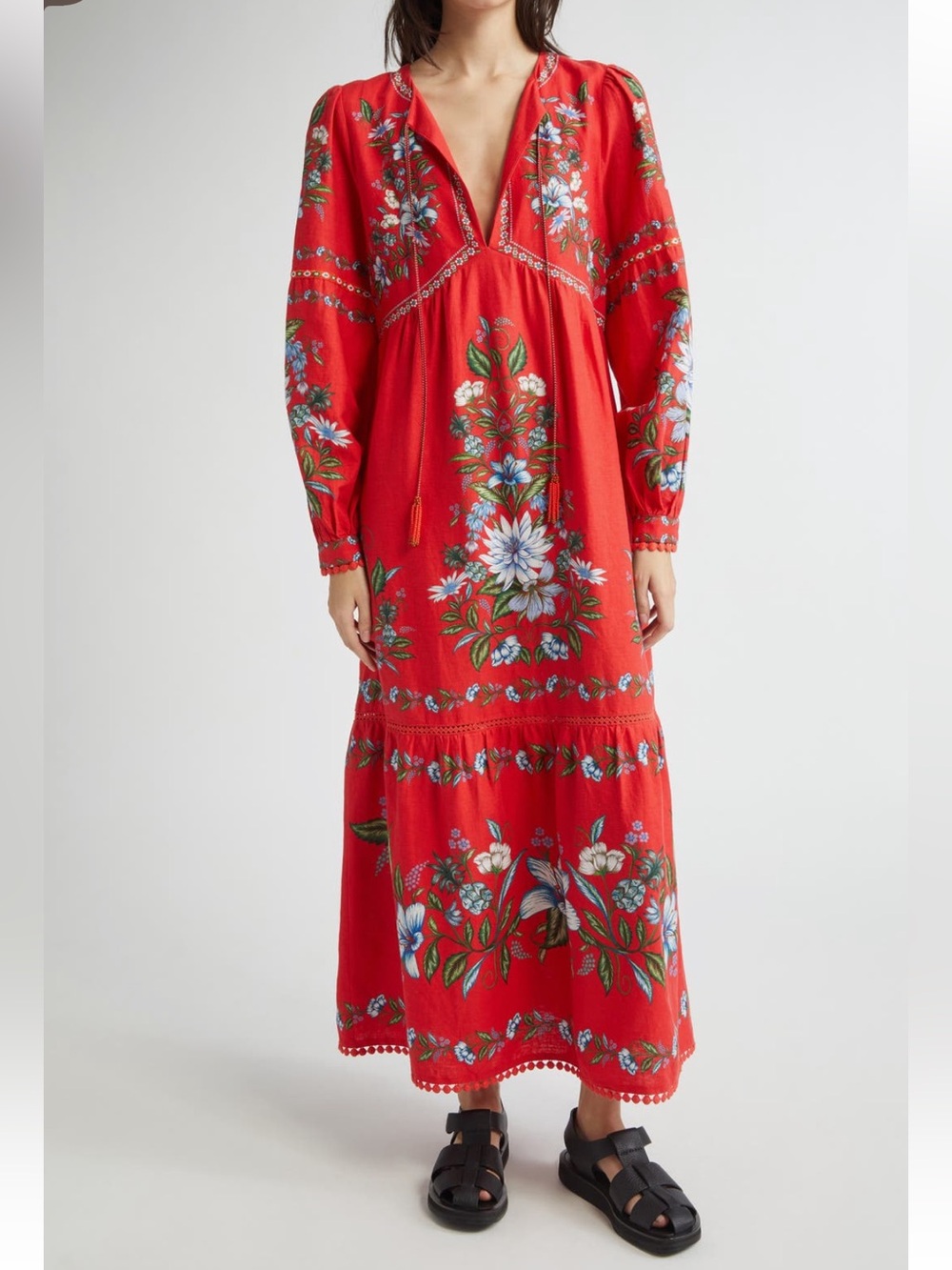 FARM Rio Sweet Bloom Bouquet Red Midi Dress Linen Blend Tiered Size Medium NWT